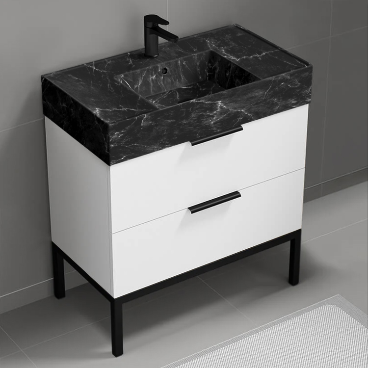 Nameeks DERIN865 Modern Bathroom Vanity With Black Marble Design Sink, Floor Standing, 32 Inch, Glossy White